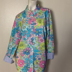 New Talbots Medium button down Blue Pink Yellow Floral Cotton multi media NWT